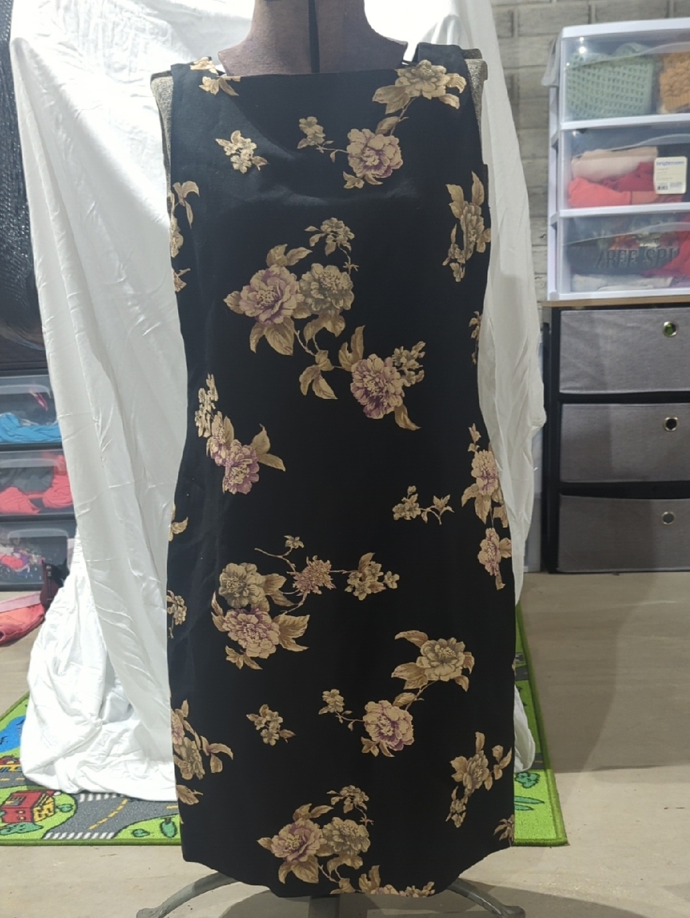 Black Floral Sheath Dress with Gold and Mauve Accents